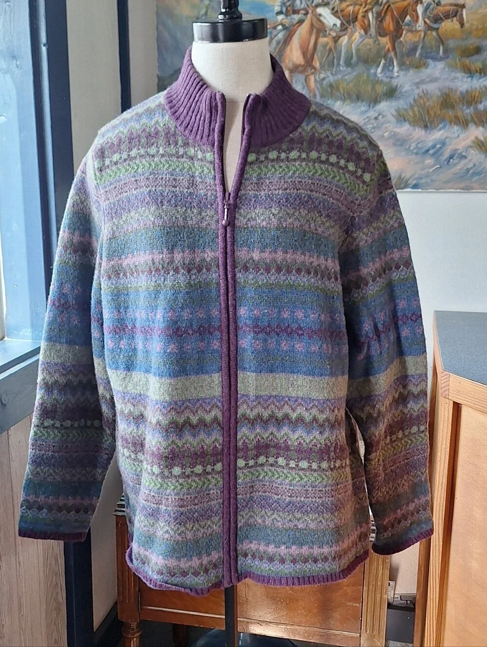 Woolrich Lambs Wool Striped Fair Isle Full Zip Sweater, 2XL, #9562